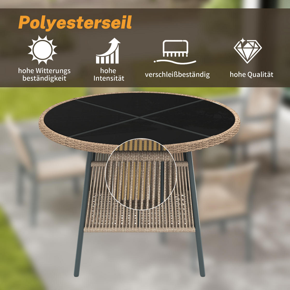 GARTENMÖBELSET 110/110/74 cm grau aus Eisen mit Glasplatte und 4 Sesseln - Beige, Metall - OKWISH