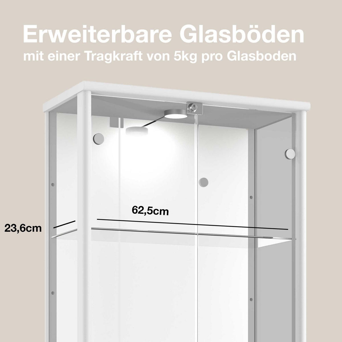 GLASVITRINE 33/67/176 cm mit Spiegel, LED, Schloss & 4 höhenverstellbaren Glasböden - Transparent/Silberfarben, Glas/Holzwerkstoff (67/176/33cm) - K-Möbel