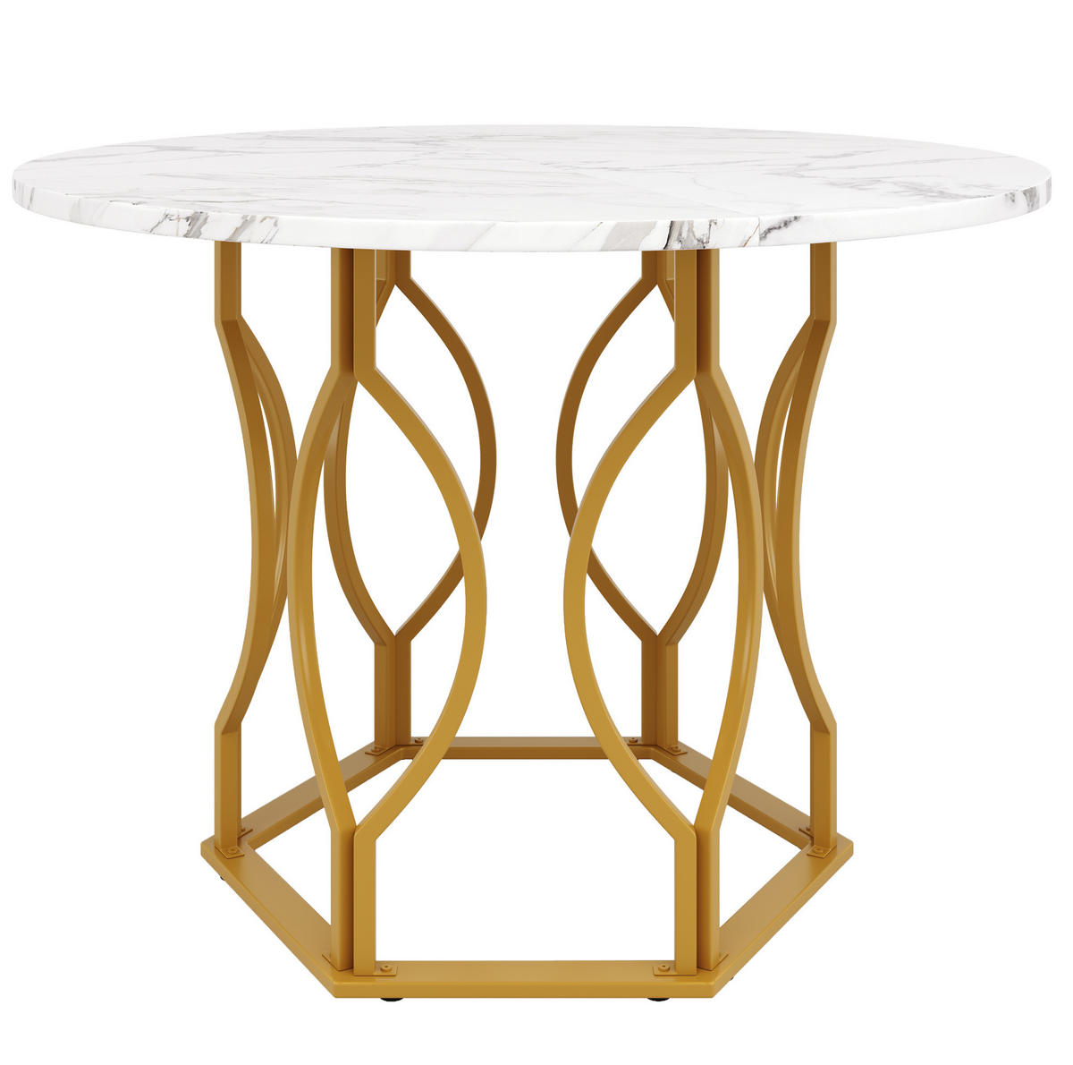 ESSTISCH 100/100/76 cm rund in Weiß mit Marmoroptik und goldfarbenem Gestell - Goldfarben, Holzwerkstoff (100/100/76cm) - Flora Grace