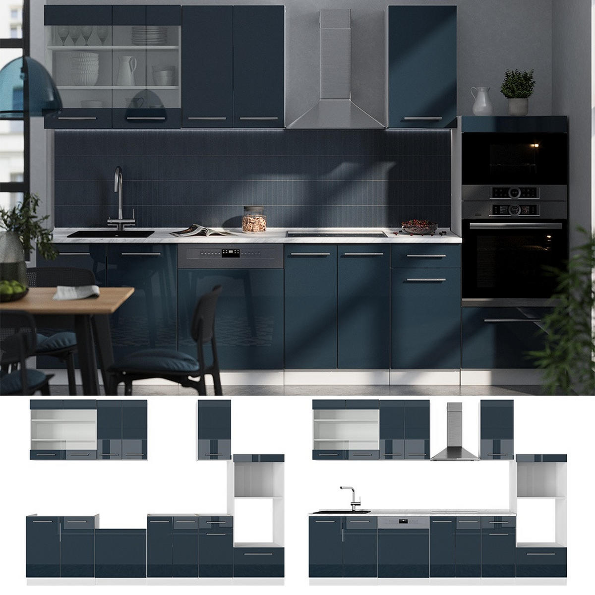 KUHINJSKI BLOK Fame-Line Temno modra visok sijaj/bela 300 cm z visoko omaro, DP Hrast - bela/temno modra, leseni material (300/153.6/60cm) - Vicco