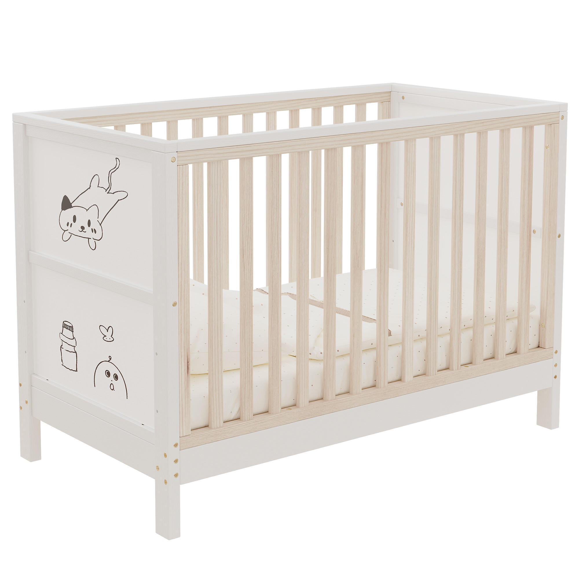 BABYBETT 60/120 cm in Natur/Weiß Massivholz mit bemalbaren Tafeln, 3-fach höhenverstellbar - Weiß/Naturfarben, Holz/Holzwerkstoff (60/120cm) - WISHDOR
