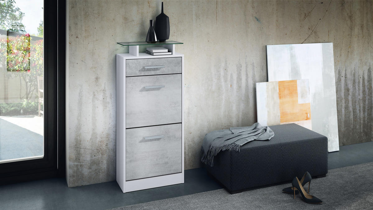 SCHUHSCHRANK Loret Front in Beton Oxid Optik - Hellgrau, Holzwerkstoff (46/104/23cm) - Vladon