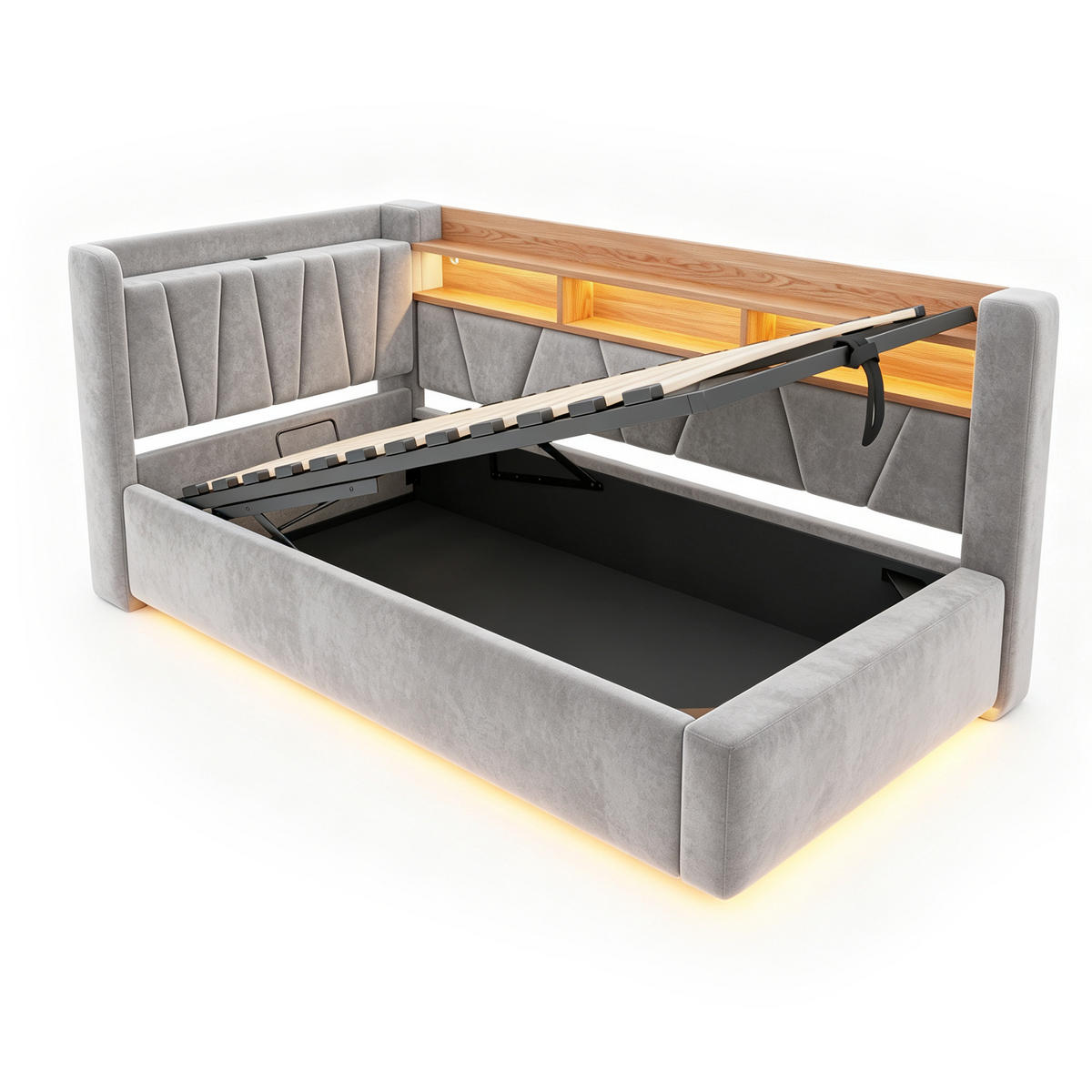 BOXBETT 90/200 mit LED/Regal/USB/Bettkasten, Samt, Grau - Grau, Holz (90/200cm) - LVHOM