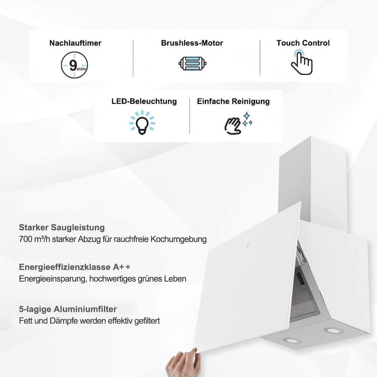 DUNSTABZUGSHAUBE, KOPFFREIE WANDHAUBE, TOUCHSCREEN, Glas Weiß, Moderne Küche, 60 cm - Weiß, Metall (42.51/48.51/62cm) - Rolipo