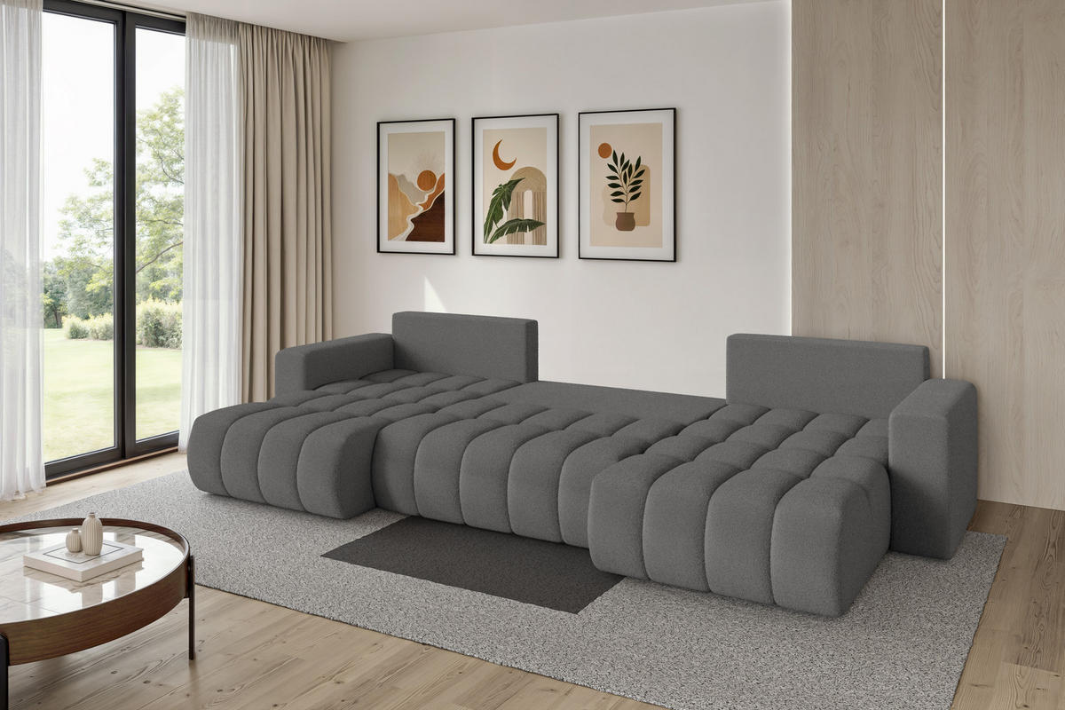 SEDACÍ SOUPRAVA DO U s funkcí spaní a úložným prostorem MILA-U-v1 378x194x86 šedá bouclé - šedá/černá, kompozitní dřevo/textil (378/86/194cm) - ALTDECOR