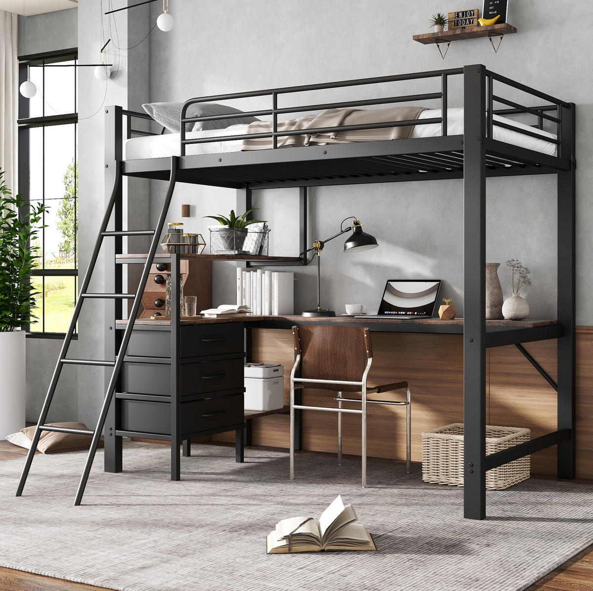 ETAGENBETT 90/200 cm schwarz aus Metall mit Tisch und 3 Schubladen - Schwarz, Metall (90/200cm) - OKWISH