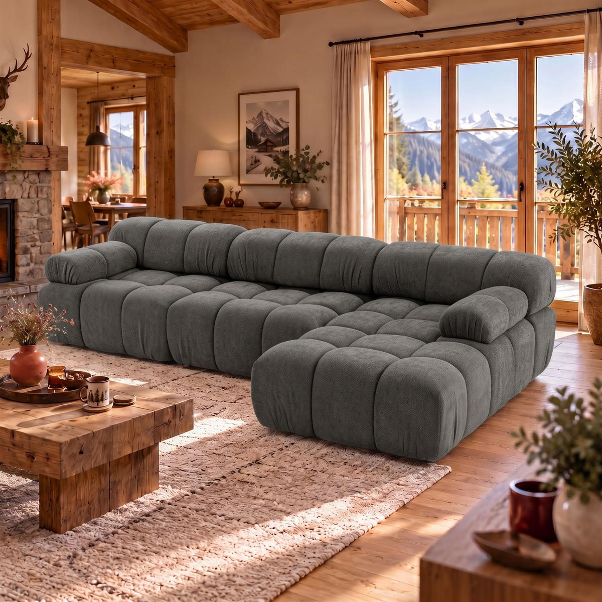 MODULARES Ecksofa MOMENTUM L, Rechts, Breite 282 cm, strukturierter Stoff, Dunkelgrau - Chromfarben/Dunkelgrau, Holz/Textil (155/282cm) - Muffo