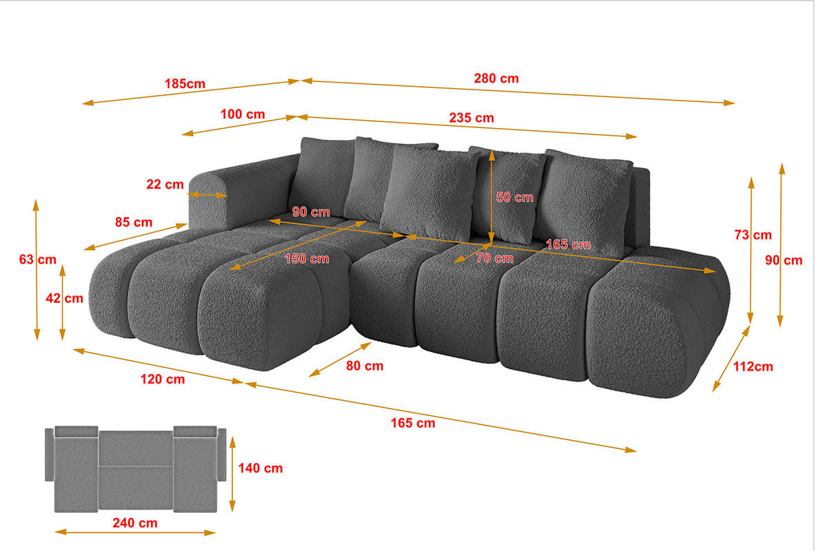 ECKSOFA Ottomane Links CLOUD-L-v1 280x185x90 Grau Bouclé - Grau, Holzwerkstoff/Kunststoff (180/289cm) - ALTDECOR
