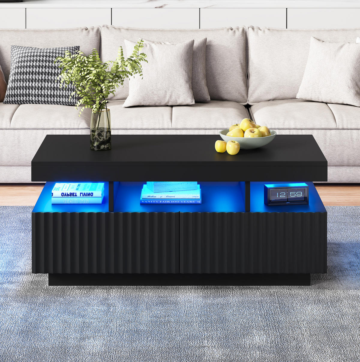 COUCHTISCH 100/50/45 cm in Schwarz mit 2 Schubladen und LED-Beleuchtung - Schwarz, Holzwerkstoff (100/50/45cm) - Flora Grace