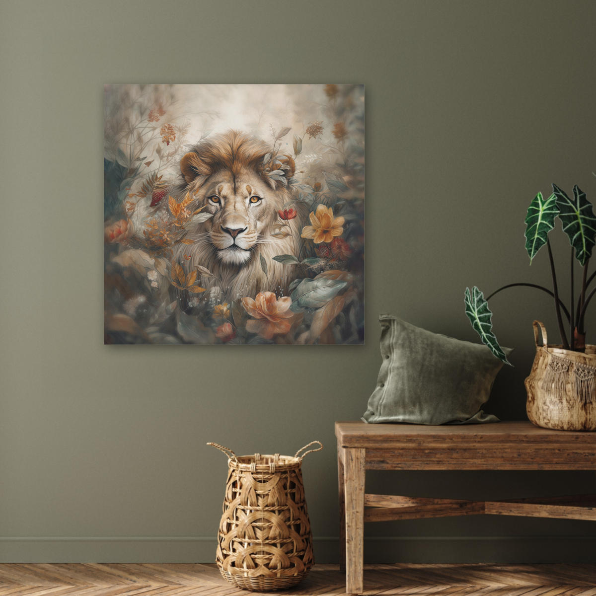 AKUSTIKBILD Löwe - Wildtiere - Pflanzen - Natur - Blumen Akustikpaneele 80x80 cm - Beige, Kunststoff (80/80/0.9cm) - MuchoWow