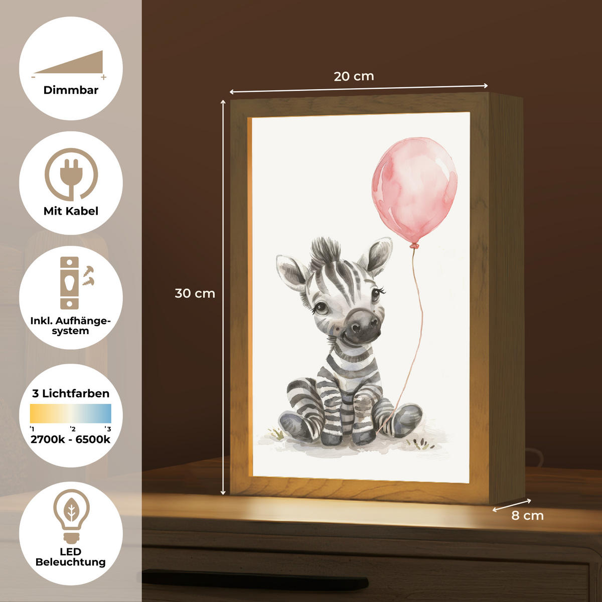 WANDLEUCHTE Zebra - Baby - Tiere - Rosa Luftballon 20x30 cm - Weiß, Holzwerkstoff (20/30/8cm) - OnlyWow