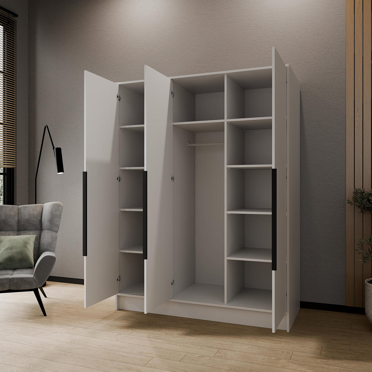 KLEIDERSCHRANK Mono Lux mit Speigel, Drehtüren mit Schwarze Metallgriffe, Weiß 150/200/51 cm - Schwarz/Weiß, Holzwerkstoff (150/200/51cm) - WFL GROUP