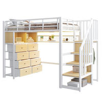 HOCHBETT MDF Metall 90x200 cm Weiß mit Stauraumtreppe, LED und 8 Schubladen - Weiß, Holzwerkstoff (90/200cm) - Modfu