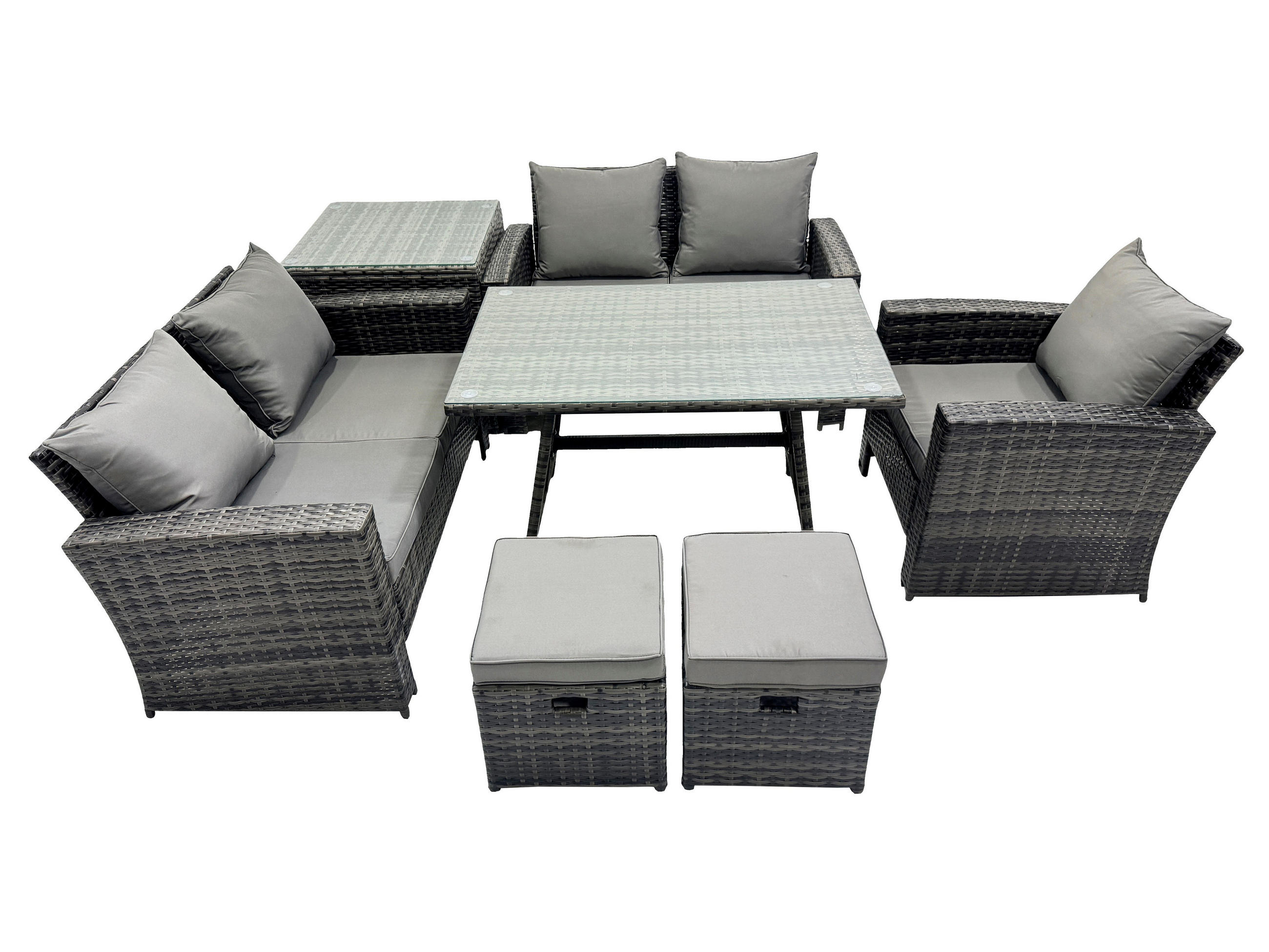 GARTENMÖBELSET mit ESSTISCH,HOCHLEHNER-SOFA Polyrattan Dunkelgrauer Mix 7-Sitzer - Dunkelgrau/Grau, Glas/Kunststoff - Fimous