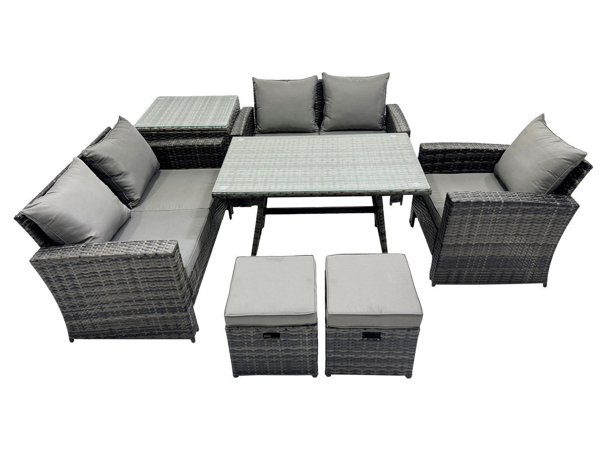 GARTENMÖBELSET mit ESSTISCH,HOCHLEHNER-SOFA Polyrattan Dunkelgrauer Mix 7-Sitzer - Dunkelgrau/Grau, Glas/Kunststoff - Fimous