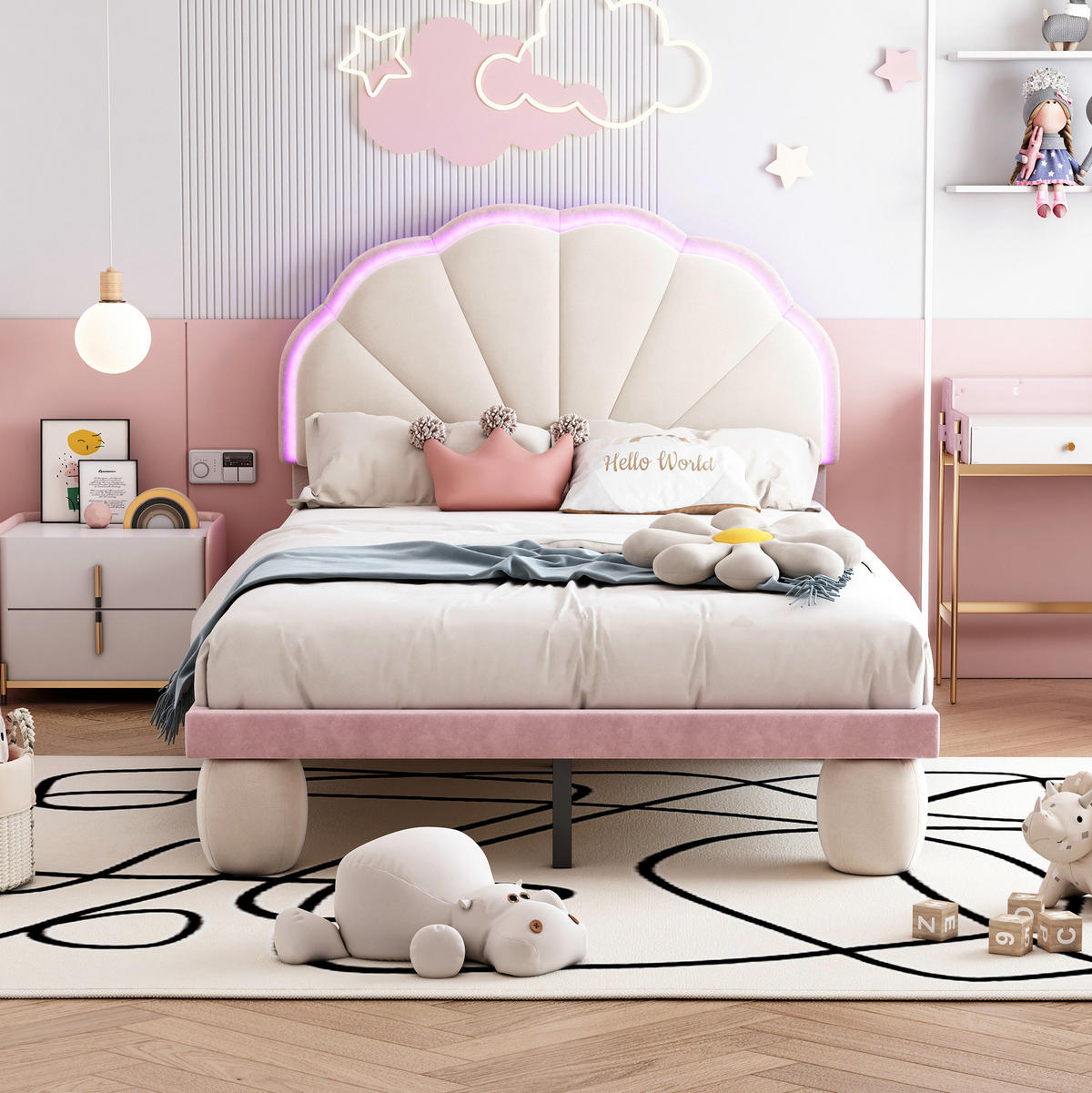POLSTERBETT 90/200 cm Beige/Rosa aus Samt mit LED-Lichtstreifen - Weiß, Textil (90/200cm) - OKMYHOME