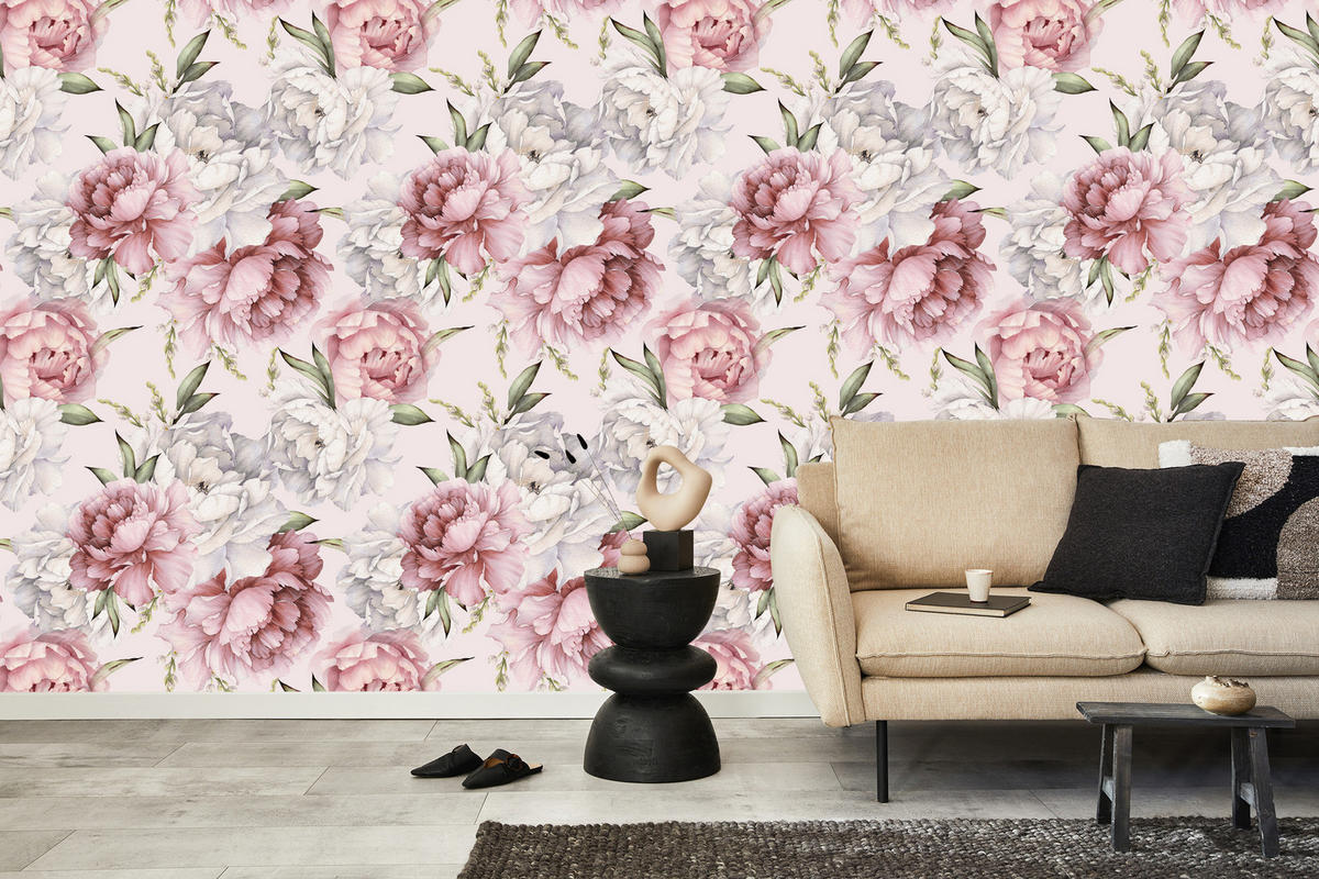 VLIESTAPETE Rosa Pfingstrosen – Rosa, Grün, Creme – 50x1000 cm - Creme/Rosa, Papier (50/1000cm) - Muralo