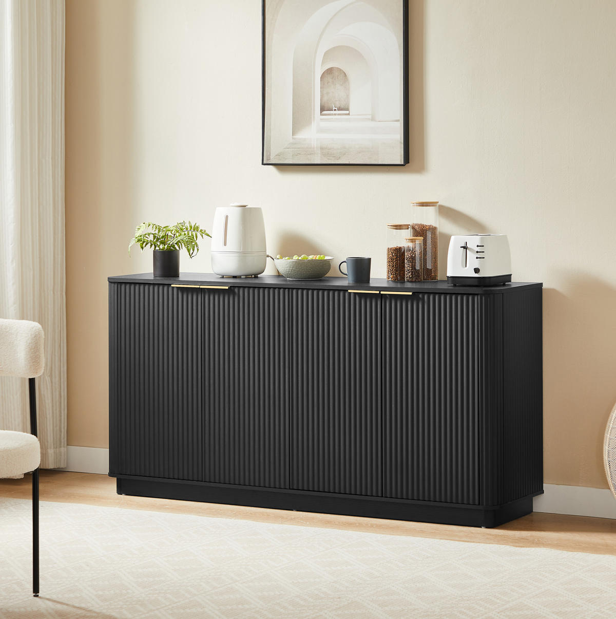 SIDEBOARD z MDF, 160/40/80 cm, černý, 4dveřový s úložným prostorem - černá, kompozitní dřevo (160/80/40cm) - BEAOK