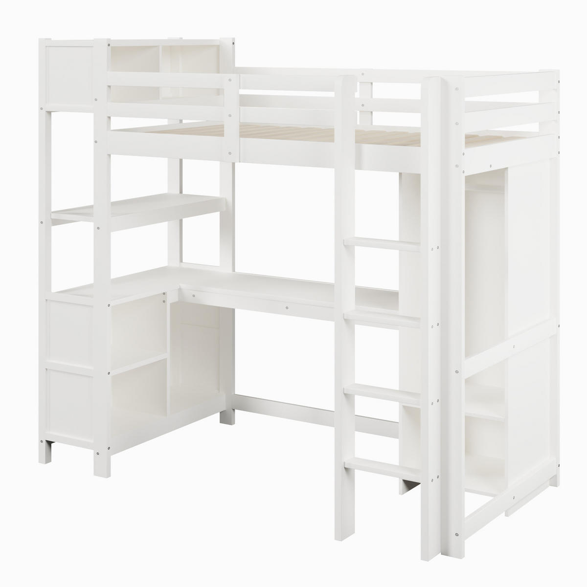 VYSOKÁ posteľ 90/200 cm biela/prírodná z borovice a MDF s písacím stolom policami a šatníkom - biela, kompozitné drevo (90/200cm) - OKWISH