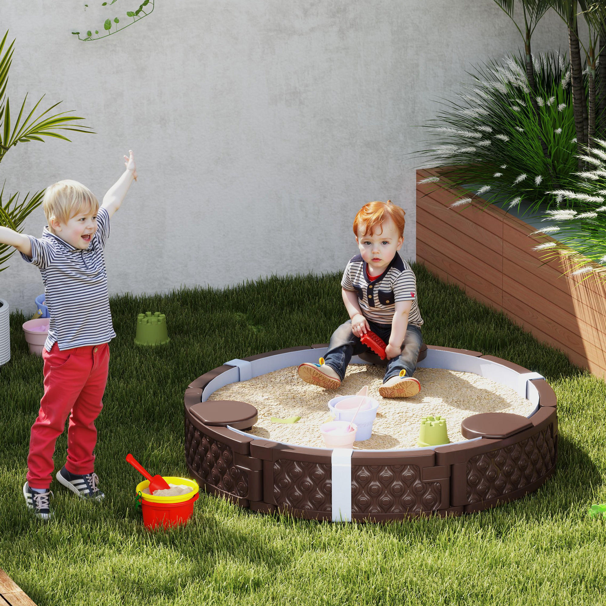 SANDKASTEN Runde Sandkiste für bis zu 3 Kinder, mit 3 Sitzen, Dunkelblau - Braun, Kunststoff (120/120/22cm) - AIYAPLAY