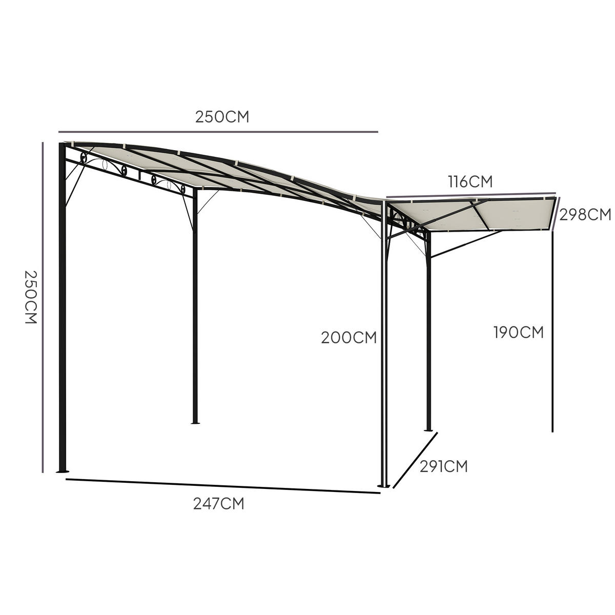 PAVILLON mit klappbarer Dacherweiterung, wetterfest, 3 x 2,5 m, moderner Outdoor-Pavillon in Cremeweiß - Creme, Metall (300/250/250cm)