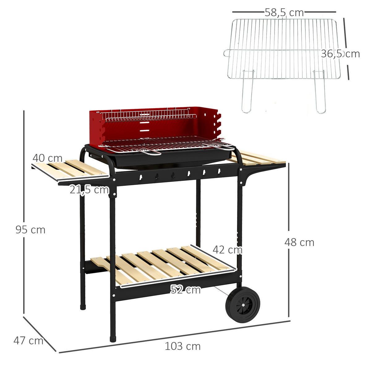 HOLZKOHLEGRILL aus Metall mit Räder - Rot, Metall (47/95/103cm) - Outsunny