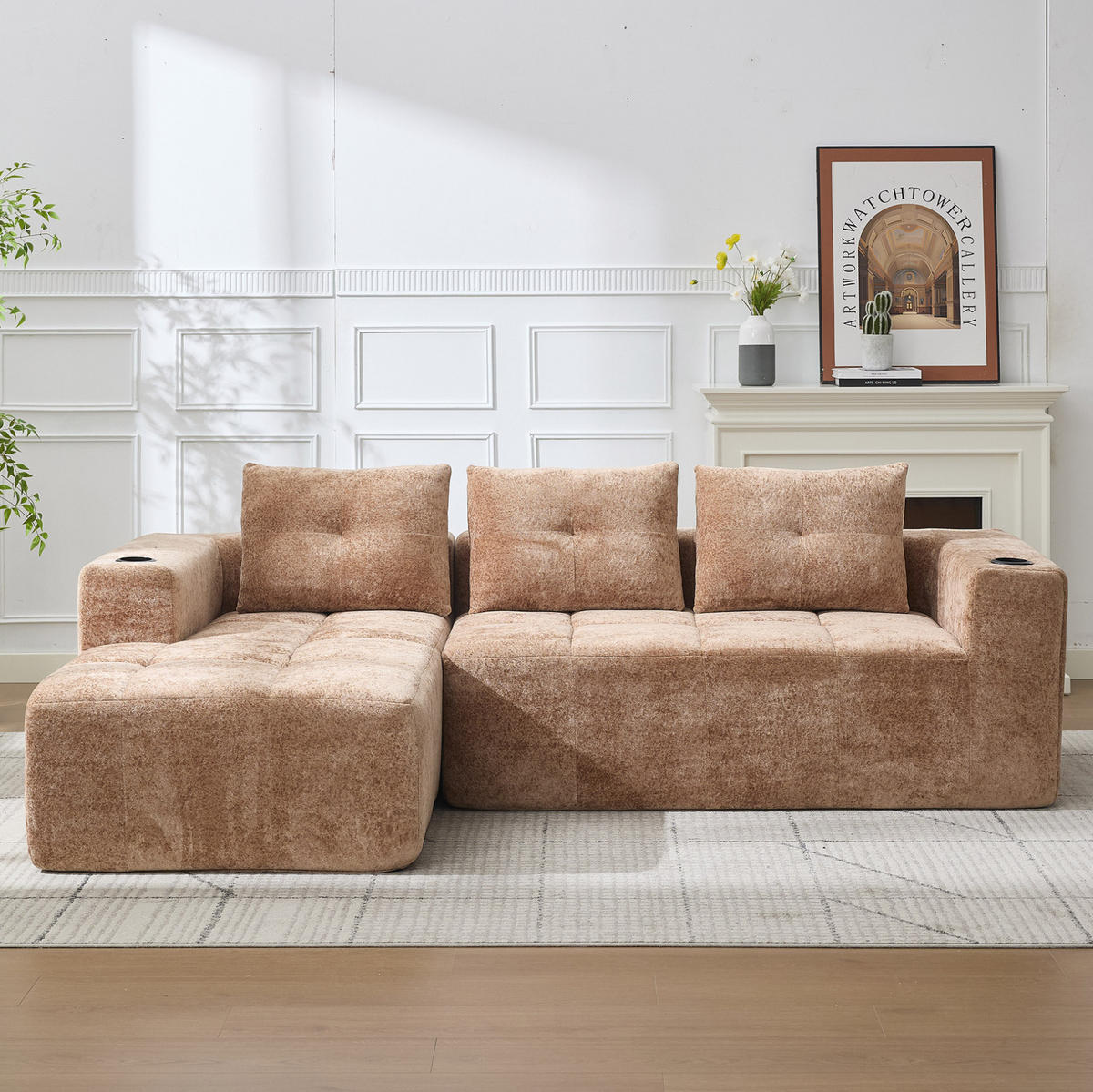 ECKSOFA 258 cm mit Becherhaltern, tiefem Sitzkomfort und Chenille-Bezug, Hellbraun - Hellbraun, Textil (258/163cm) - Redom