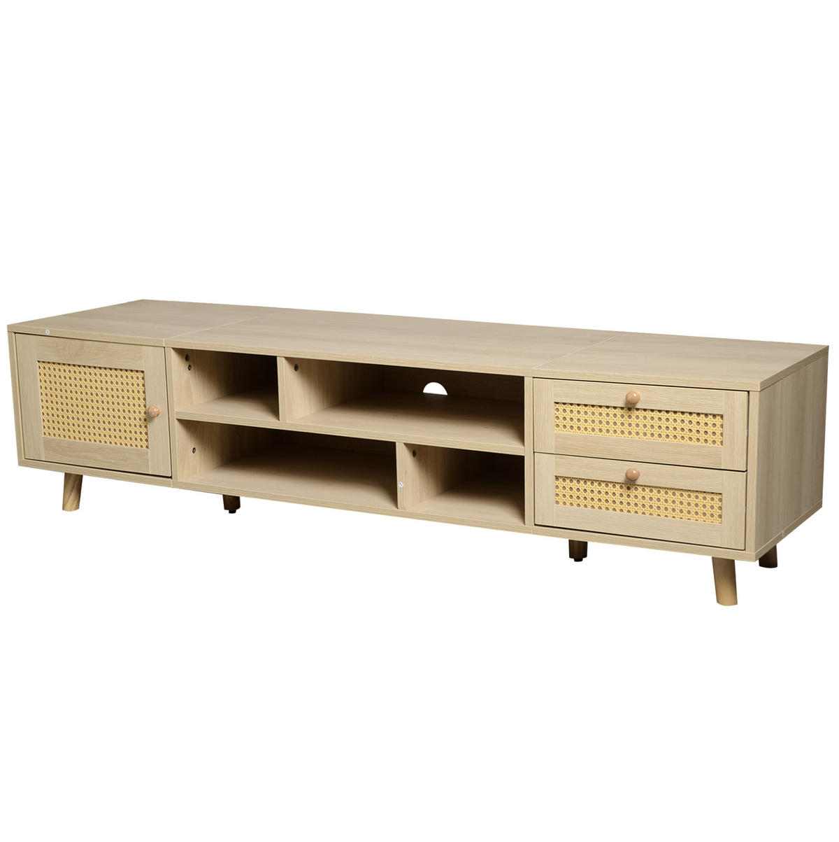 TV-SCHRANK aus Spanplatte und Rattan 160x39x40,5 cm Eichefarben mit Kabelmanagement, 2 Schubladen und höhenverstellbaren Füßen - Naturfarben, Holzwerkstoff (160/40/39cm) - Modfu
