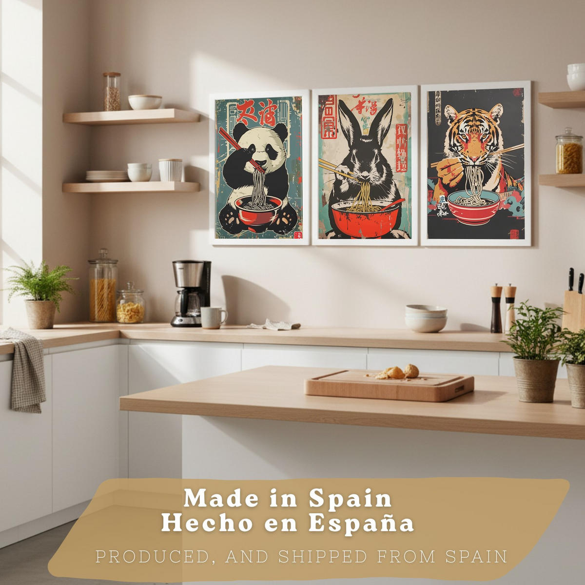 PLAKAT Sada 3 Ramen Animals A4 Bílý rám - bílá, papír (29.7/1/21cm) - Nacnic