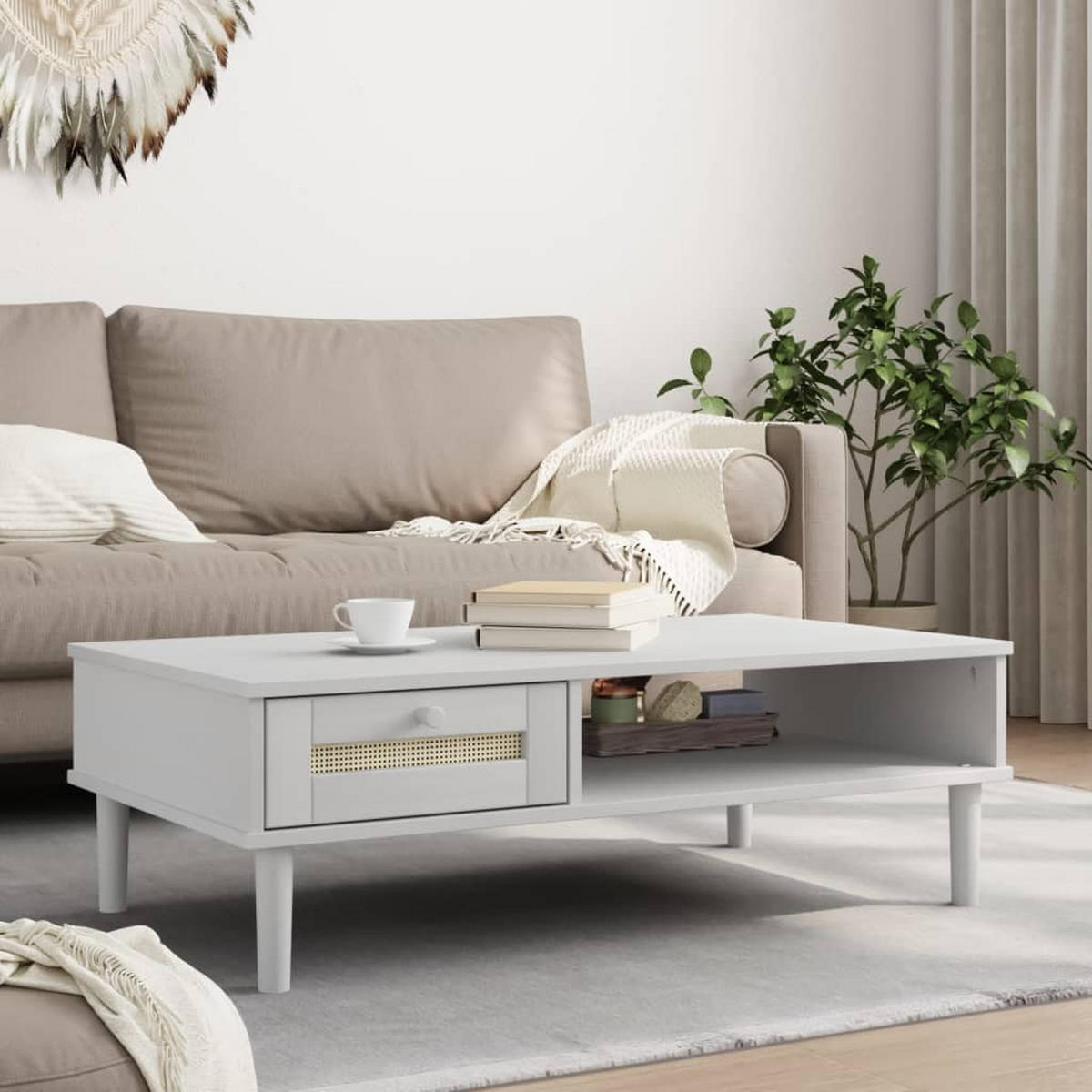 COUCHTISCH SENJA Rattan-Optik Weiß 100x55x33 cm Kiefernholz - Weiß, Holz (100/1/33cm) - furnicato