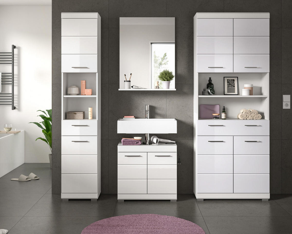 BADMÖBEL-SET weiß Hochglanz 4-teilig 200 cm, Komplettset mit viel Stauraum - Weiß Hochglanz, Glas/Holzwerkstoff (186/191/34cm) - Inn.Furn