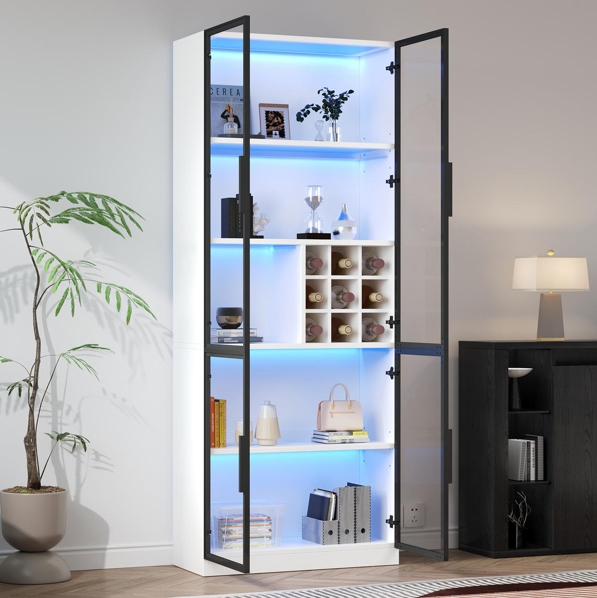 VITRINE 80/35/200 cm in Weiß mit LED-Beleuchtung und Weinfach - Weiß, Holzwerkstoff (80/200/35cm) - Flora Grace