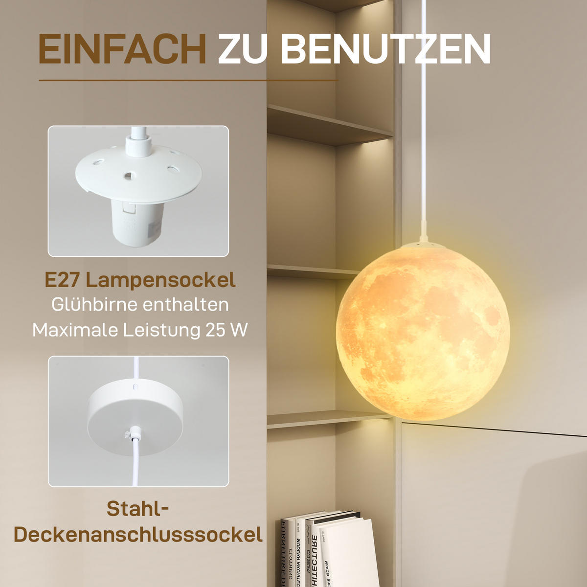 3D Mond Pendelleuchte Hängelampe mit APP-Steuerung, Musik, Cremeweiß - Weiß, Kunststoff (30/30/30cm) - HOMCOM