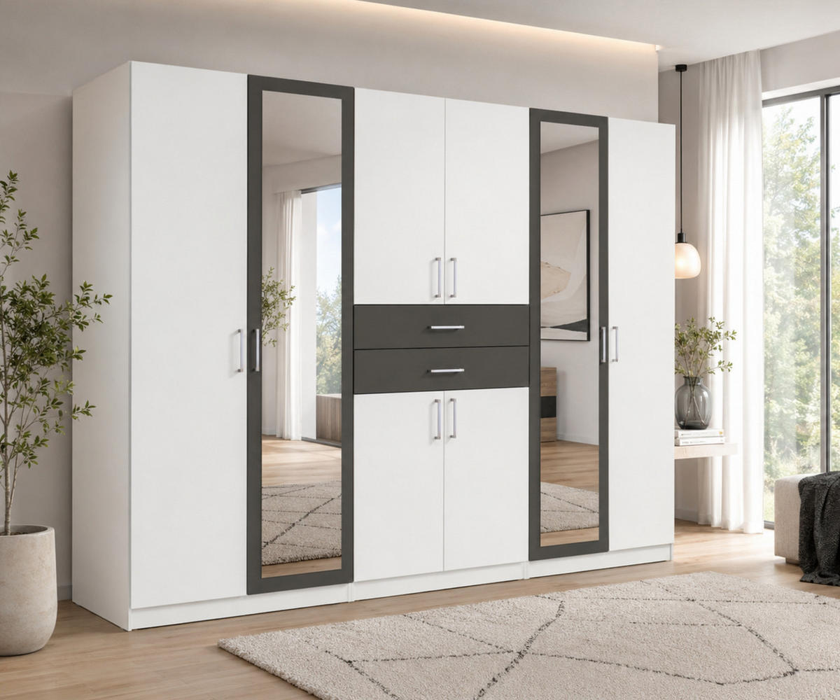 DREHTÜRENSCHRANK Kleiderschrank B270/H208/T58 cm mit Schubkästen & 2 Spiegeltüren, Weiß mit Absetzungen in Grafit / 22594 - Silberfarben/Graphitfarben, Holzwerkstoff/Kunststoff (270/208/58cm) - luma-home