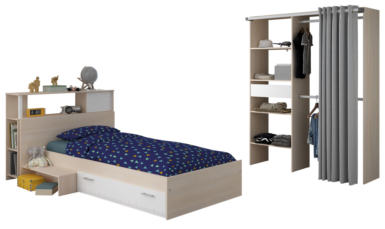 KINDERZIMMER Akazie, weiß, Jugendzimmer-Set 3-teilig - Silberfarben/Weiß, Holzwerkstoff/Kunststoff (203/182/48cm) - Parisot Meuble