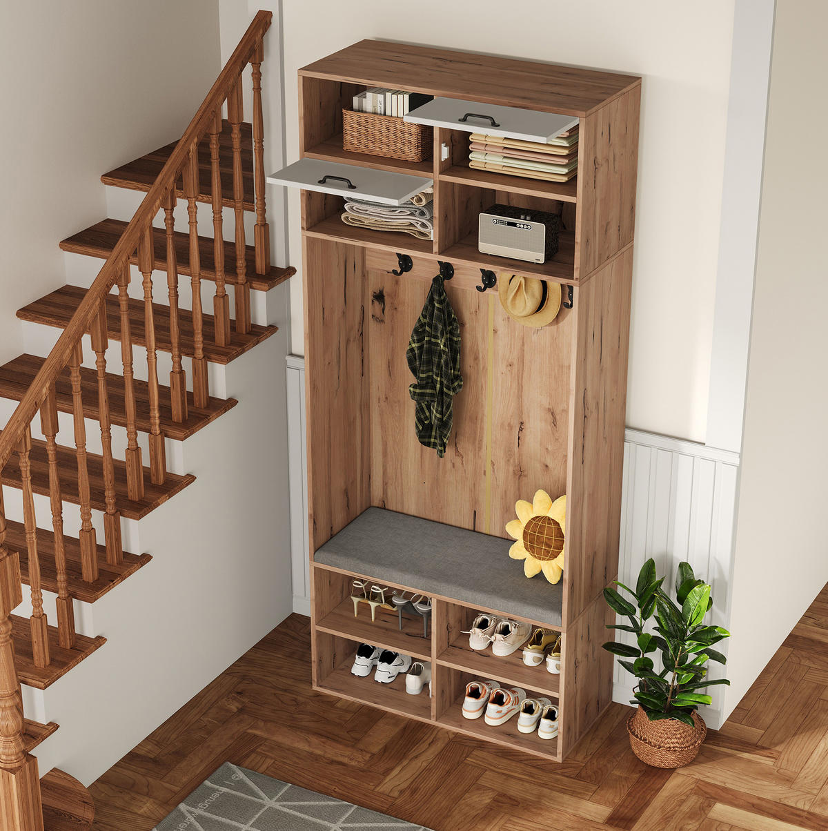 DIELENGARDEROBE mit Sitzbank, 5 Haken und Stauraum, Weiß/Natur, 80/35/185 cm - Naturfarben, Holzwerkstoff (80/185/35cm) - BEAOK