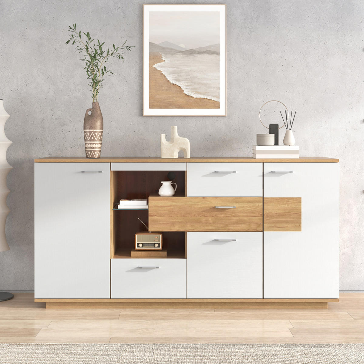 SIDEBOARD 160/40/77 cm, 2 Türen und 4 Schubladen, Holzoptik/Weiß mit einstellbarer 16-farbiger LED，Naturfarben - Naturfarben, Holzwerkstoff (160/77/40cm) - Redom