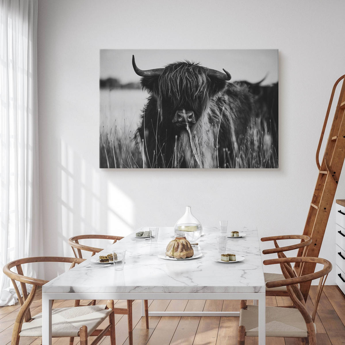 LEINWANDBILD Für Esszimmer Schottische Hochlandrind Kuh Tier 3D 30/20 cm - Schwarz/Weiß, Textil (30/20cm) - Muralo