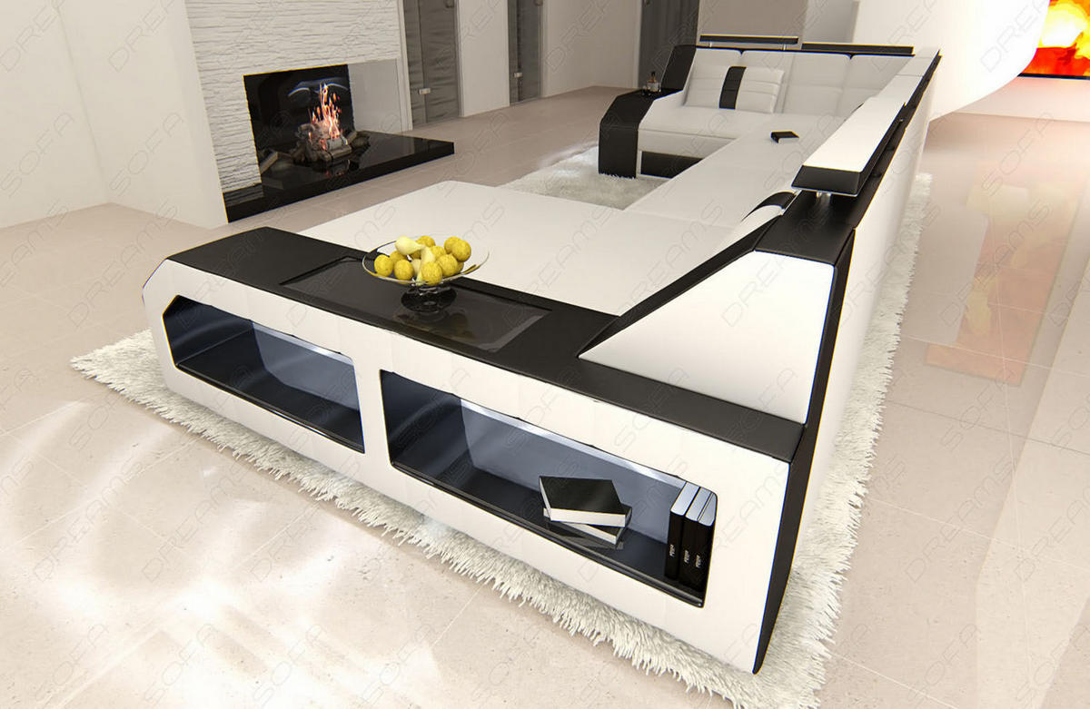 WOHNLANDSCHAFT Arezzo U - Schwarz/Weiß, Leder (380/86/197cm) - Sofa Dreams