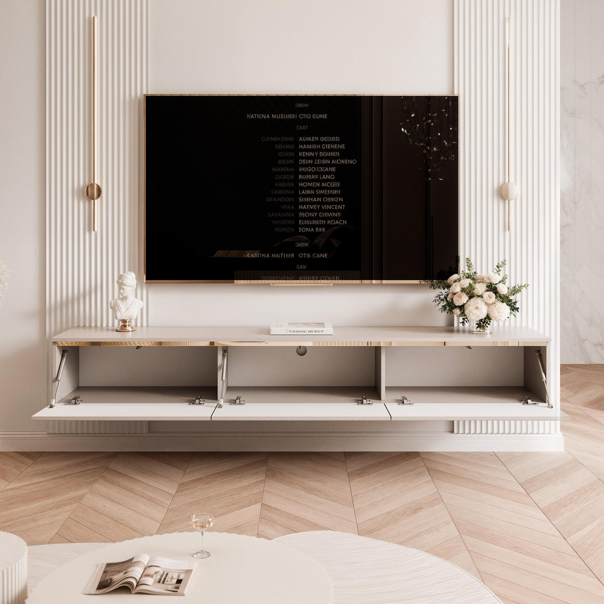 HÄNGENDER TV-Schrank SELIA 200 cm, geriffelt, Kaschmir mit goldener Zierleiste - Kaschmir, Holzwerkstoff (200/28.5/35cm) - Idohome