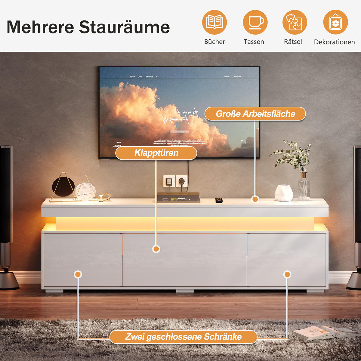 TV-LOWBOARD 150x35x43 cm Weiß LED 3 Türen Stauraum Spanplatte - Weiß, Holzwerkstoff (35/43/150cm) - FLIEKS
