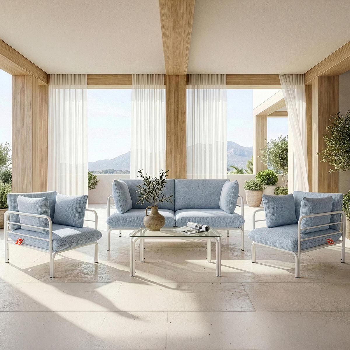 GARTENMÖBELSET RAMBE 4-tlg. 1x Tisch 2x Sessel 1x Sofa 2-Sitzer, mit Kissen, LOFT-STIL, Weiß - Weiß/Hellblau, Glas/Textil - KONSIMO®