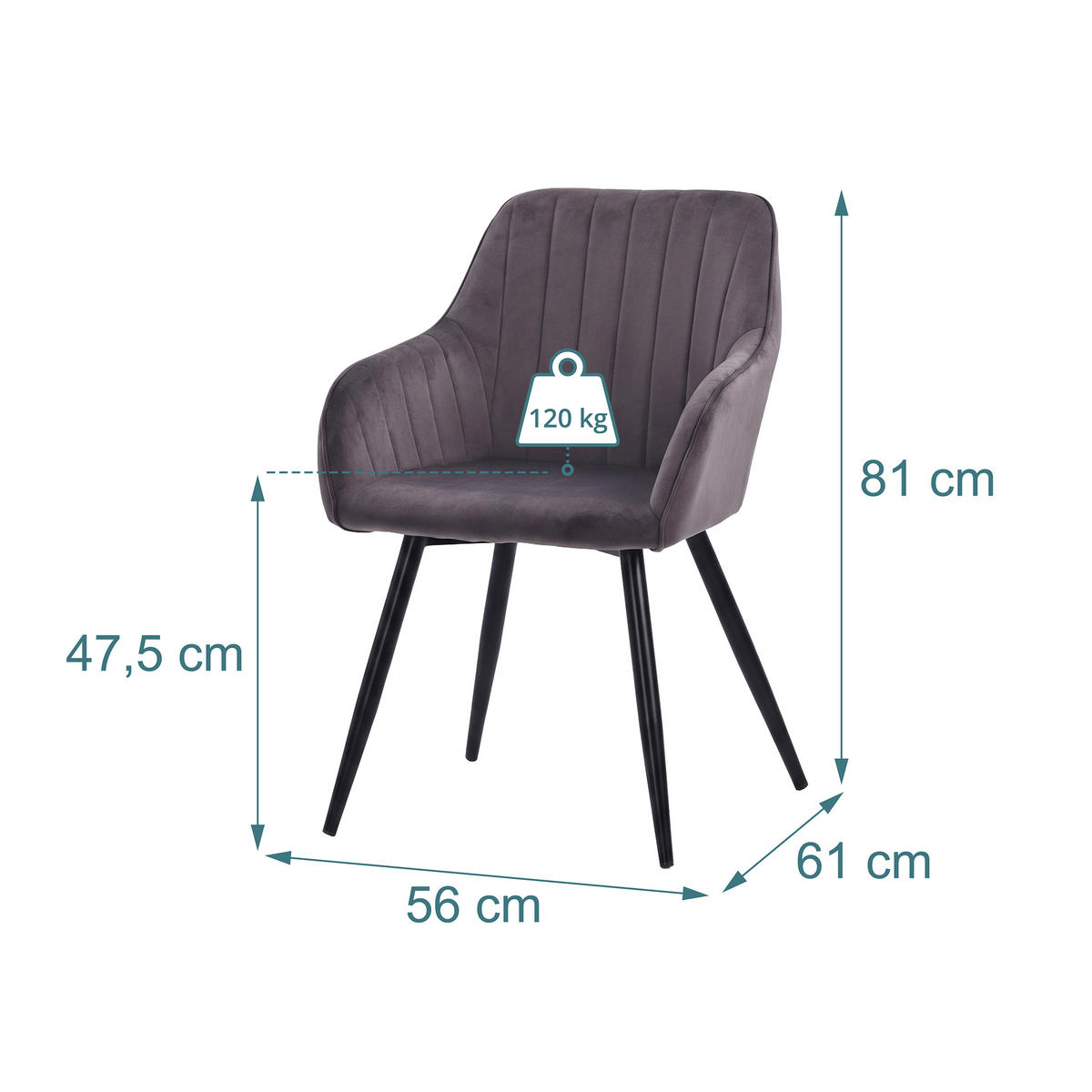 STOL Antracit matstol 2-pack sammet metall - Antracit, Trä/Textil (56/81/61cm) - Relaxdays