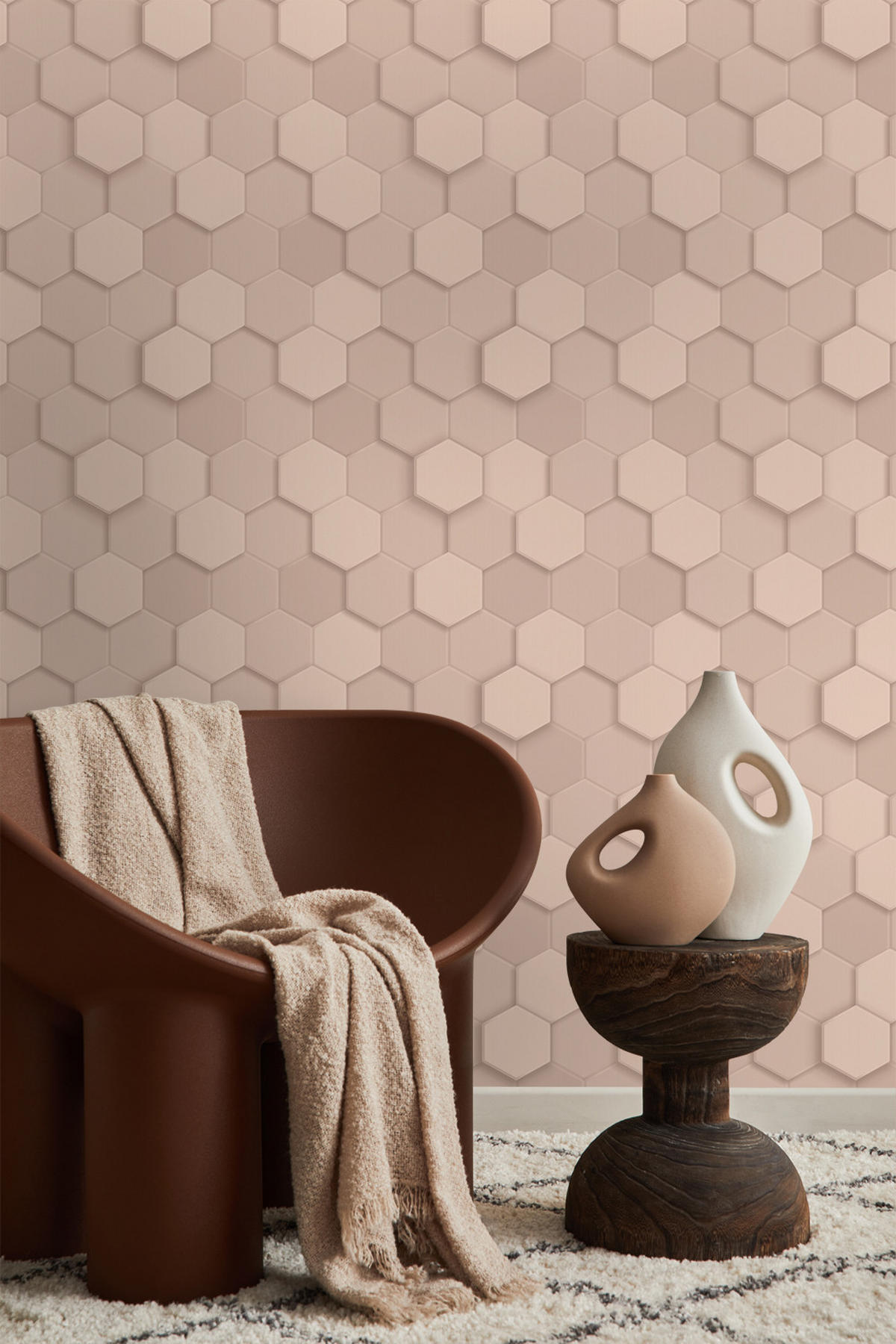 TAPETE 3D Wabenmuster 53 cm x 10.05 m - Pink, Papier (53/1000cm) - Origin Wallcoverings