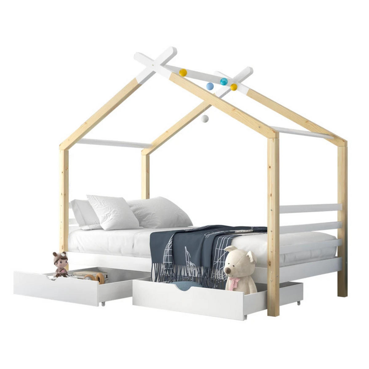 HAUSBETT 90/200 cm weiß Massivholz mit Schubladen und Lattenrost - Weiß, Holz (90/200cm) - OKWISH