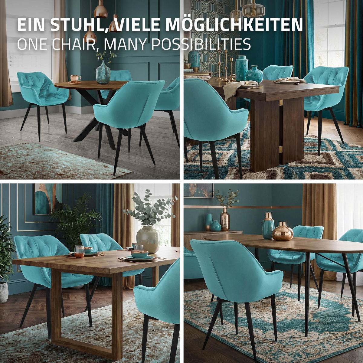 JÍDELNÍ ŽIDLE, sada 4 ks, petrolový samet - modrá/černá, kov (67/83/59cm) - ML-DESIGN