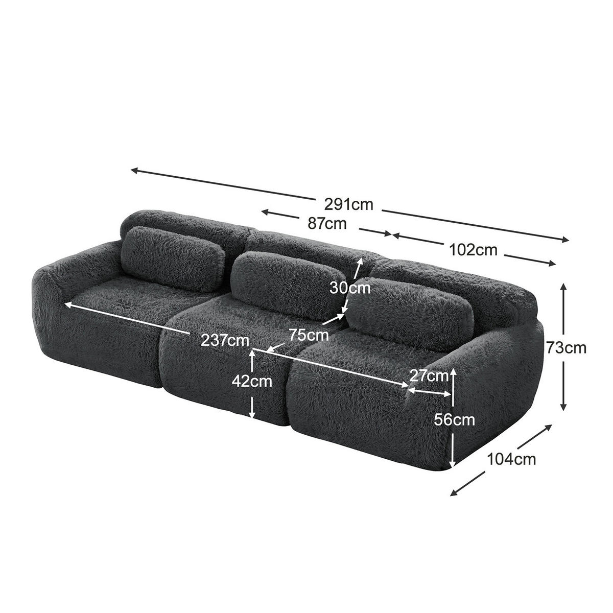 SOFA Modulares 3-Sitzer, keine Montage erforderlich, Webpelz-Bezug, Grau - Grau, Textil (104/73/291cm) - Meubles Cosy