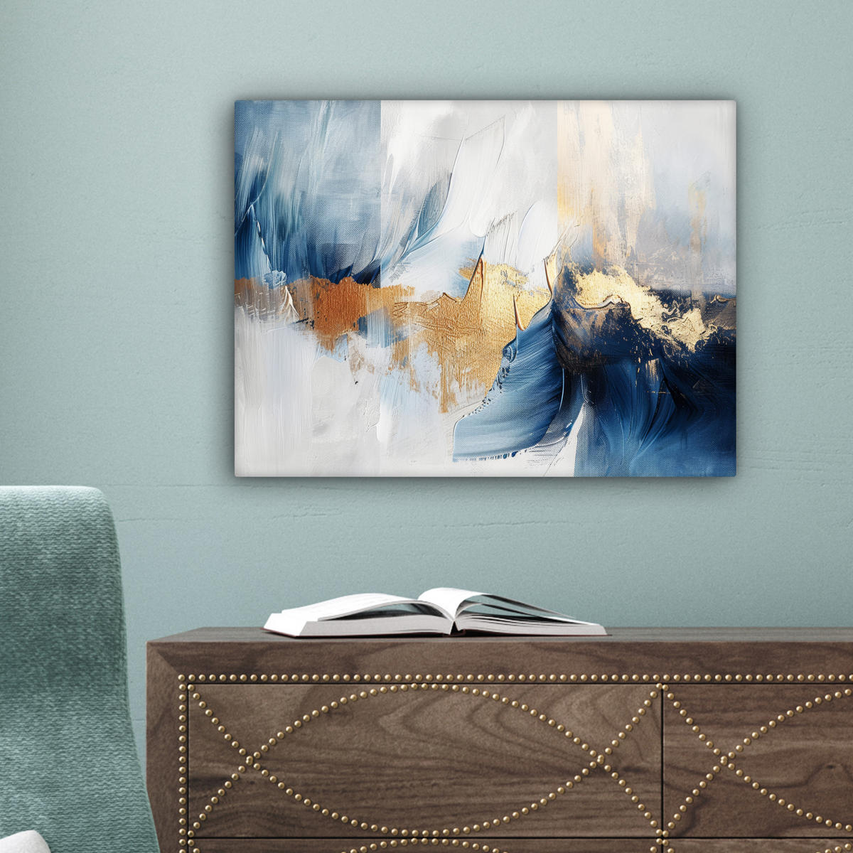 LEINWANDBILD Gold - Blau - Aquarell - Kunst - Modern 40x30 cm - Hellblau, Textil (40/30cm) - MuchoWow