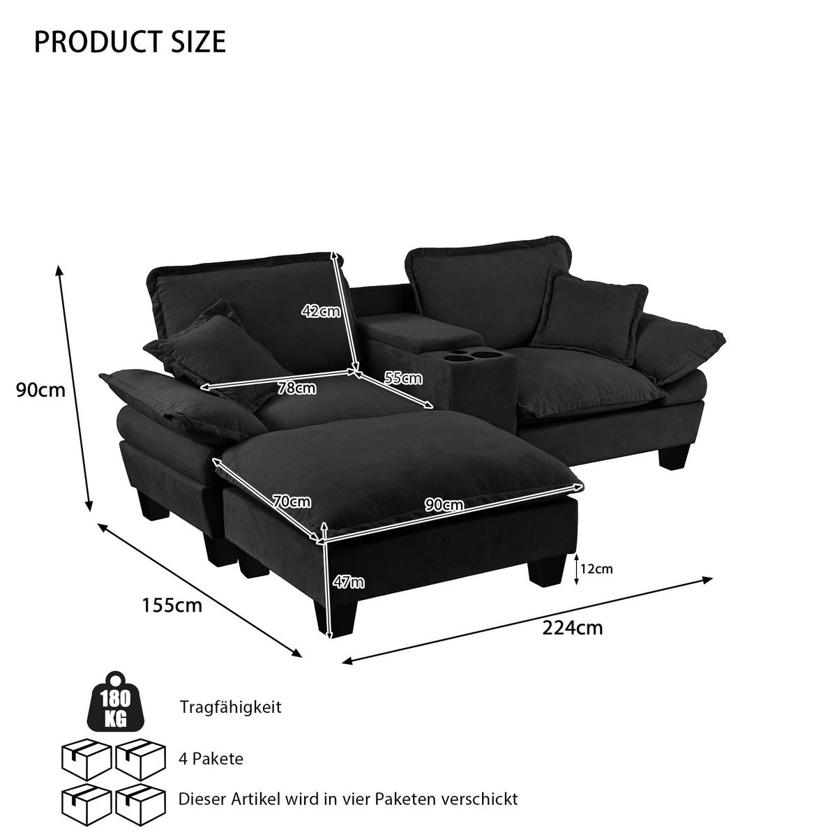 SOFA mit Ottomane und Stauraum 224 x 151 cm Chenille Black - Schwarz, Holzwerkstoff (151/224cm) - Meubliv