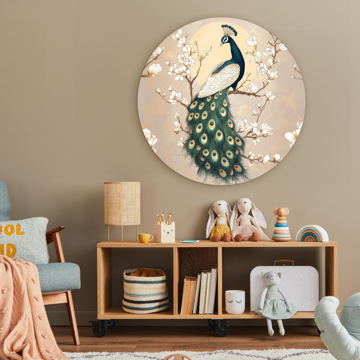 WANDBILD Pfau - Zweig - Blumen 90x90 cm - Champagner, Kunststoff (90/90cm) - MuchoWow